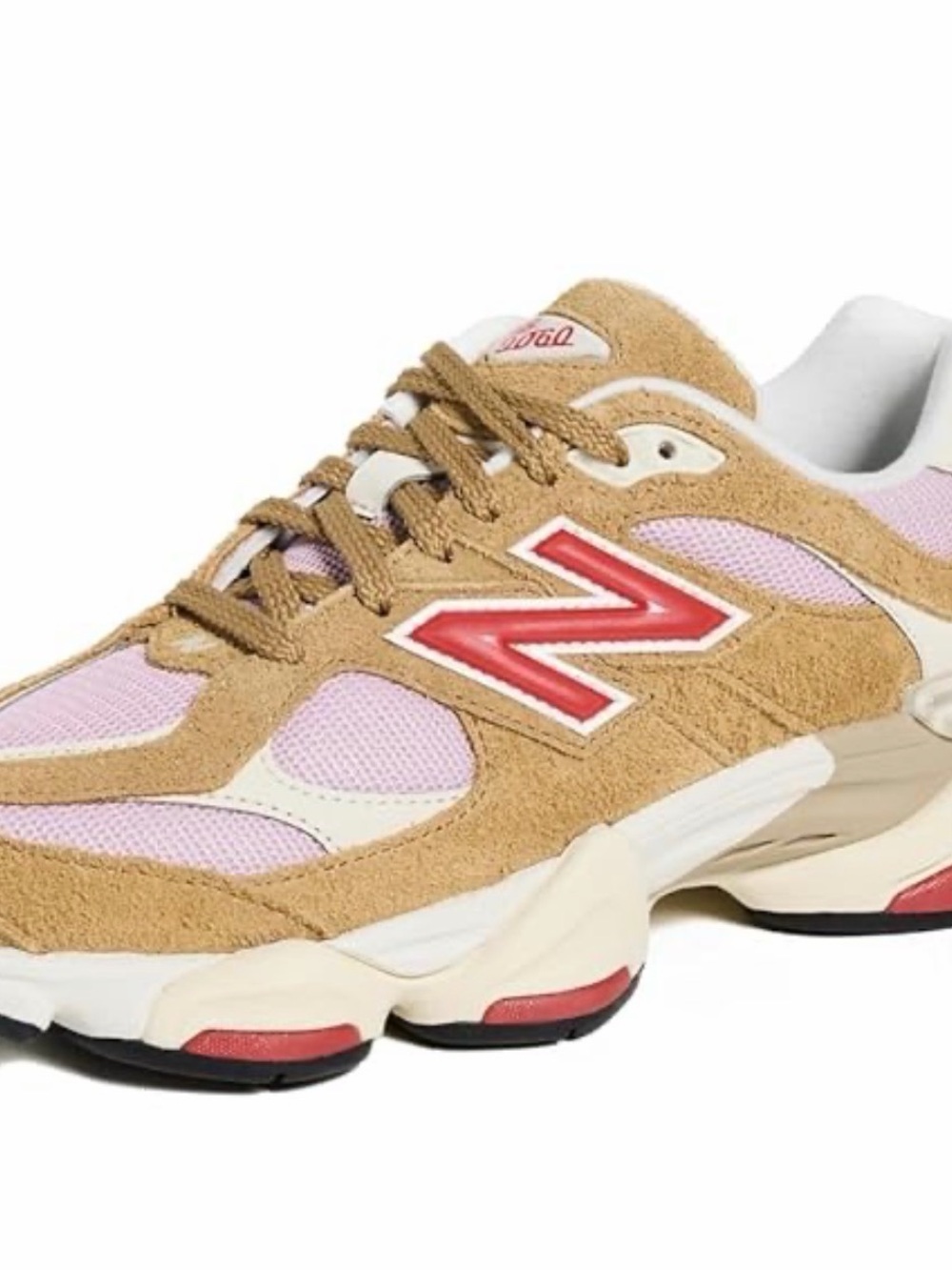 New Balance 9060 Women's Tan, Pink & Red Suede-Trim Sneaker
